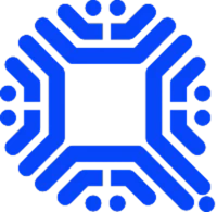 a blue logo with a circle in the middle